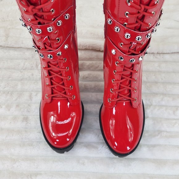 Bright Red Patent Lug Sole Studded Strap Ankle Boots Temptress - Picture 5 of 11